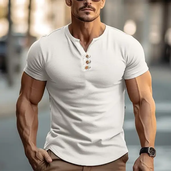 Men's Henley Shirt Cotton Casual Top Loose Fit Outdoor Street Vacation Short Sleeves Clothing Basic - Spiretime.com 