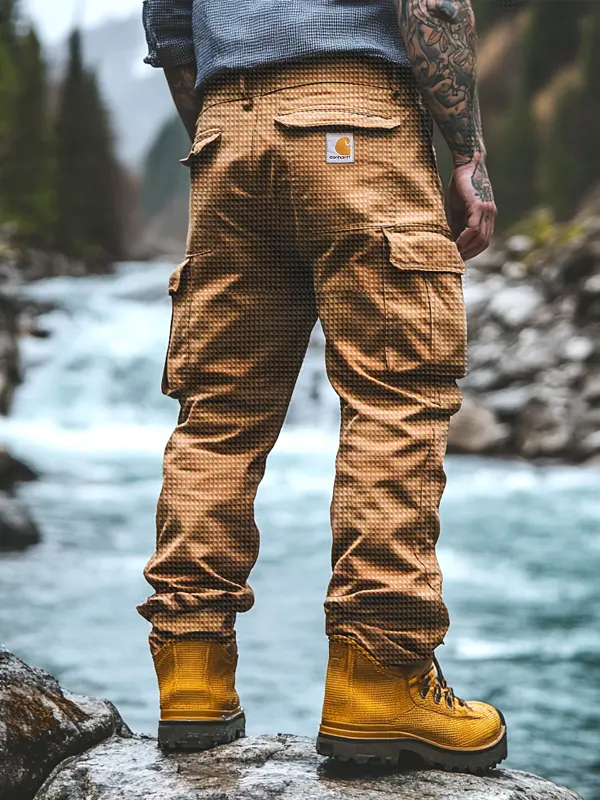Waffle Cargo Pants With Multi-Pockets And Yellow Boots For Outdoor Adventures - Wantbright.com 