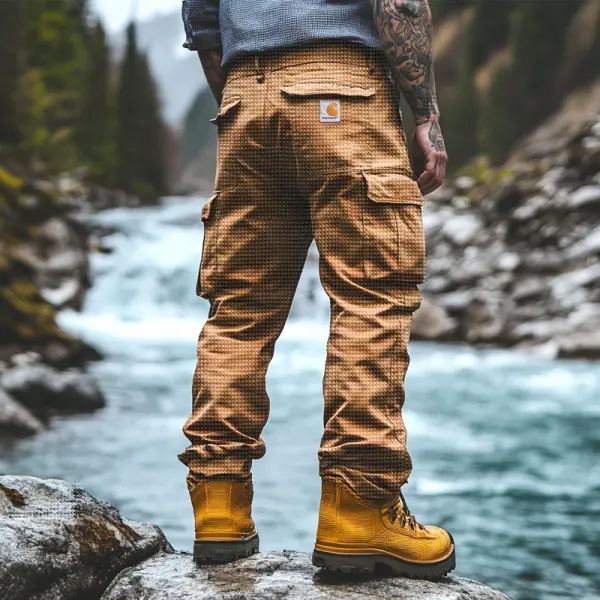 Waffle Cargo Pants With Multi-Pockets And Yellow Boots For Outdoor Adventures - Ootdyouth.com 