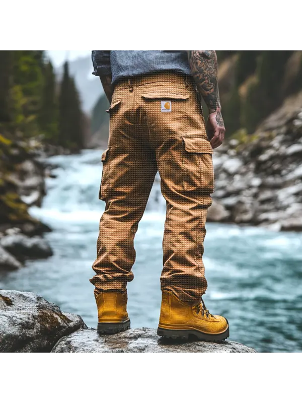 Waffle Cargo Pants With Multi-Pockets And Yellow Boots For Outdoor Adventures - Frontiercool.com 