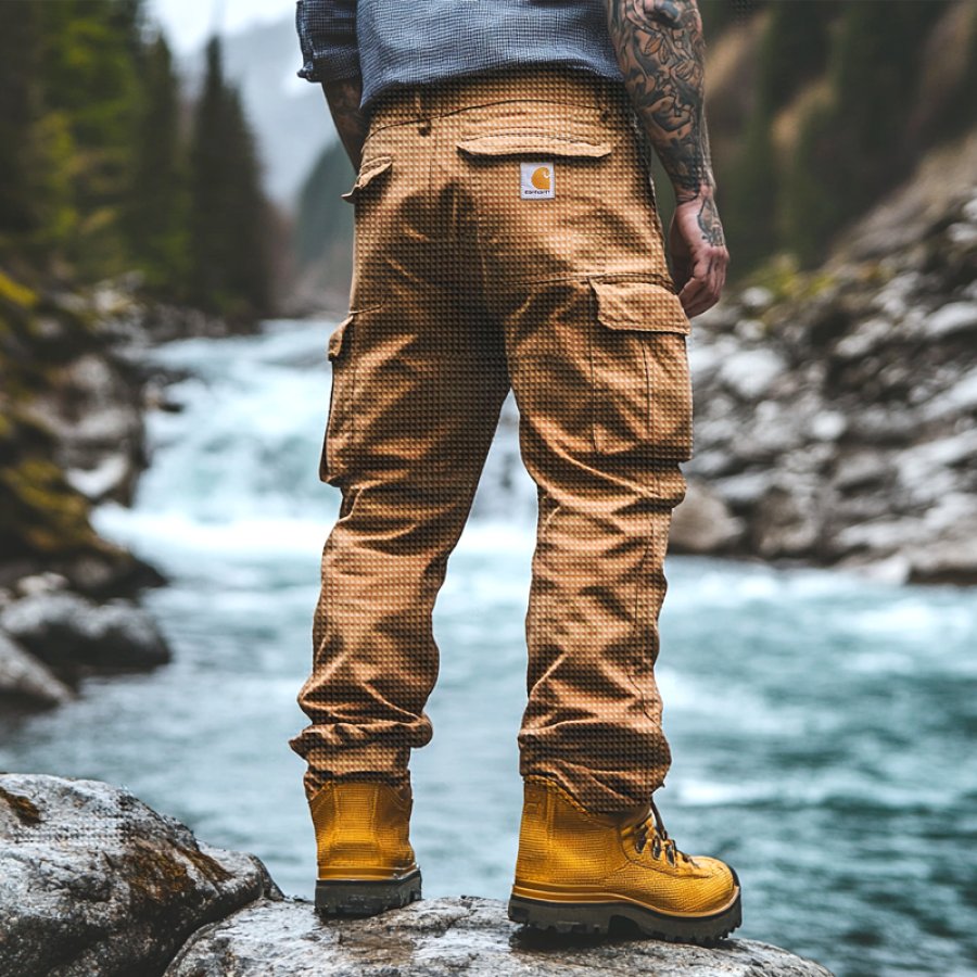 

Waffle Cargo Pants With Multi-Pockets And Yellow Boots For Outdoor Adventures