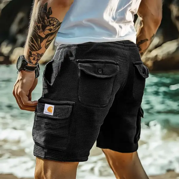 Men's Vintage Surf Waffle Knit Multi-Pocket Casual Walkshort Cargo Shorts - Spiretime.com 