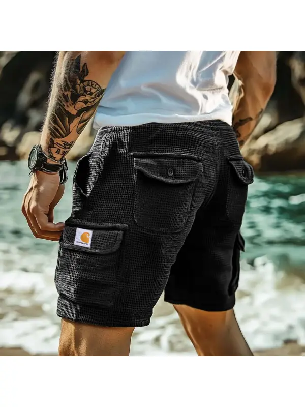 Men's Vintage Surf Waffle Knit Multi-Pocket Casual Walkshort Cargo Shorts - Frontiercool.com 