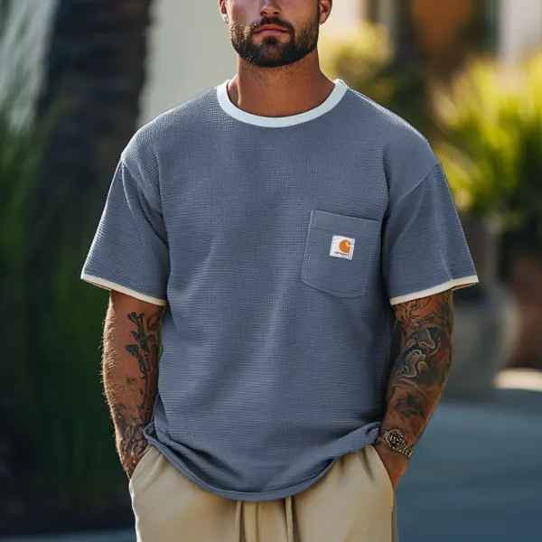 Men's Vintage Waffle Fabric Knit Gray Blue Mesh T-Shirt - Perfect For Summer Outdoors - Zivinfo.com 