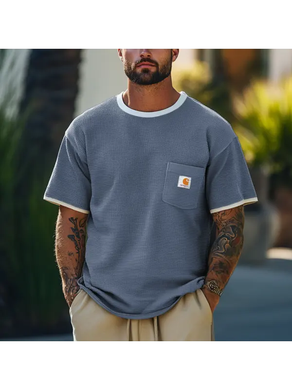 Men's Vintage Waffle Fabric Knit Gray Blue Mesh T-Shirt - Perfect For Summer Outdoors - Ootdmw.com 