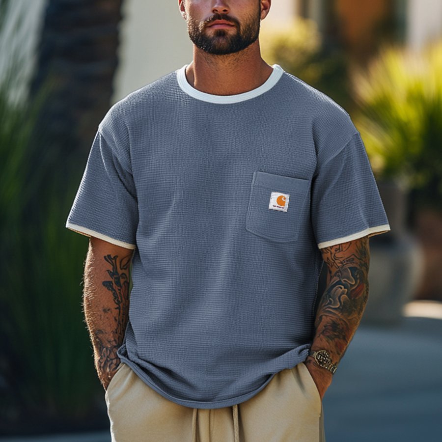 

Men's Vintage Waffle Fabric Knit Gray Blue Mesh T-Shirt - Perfect For Summer Outdoors