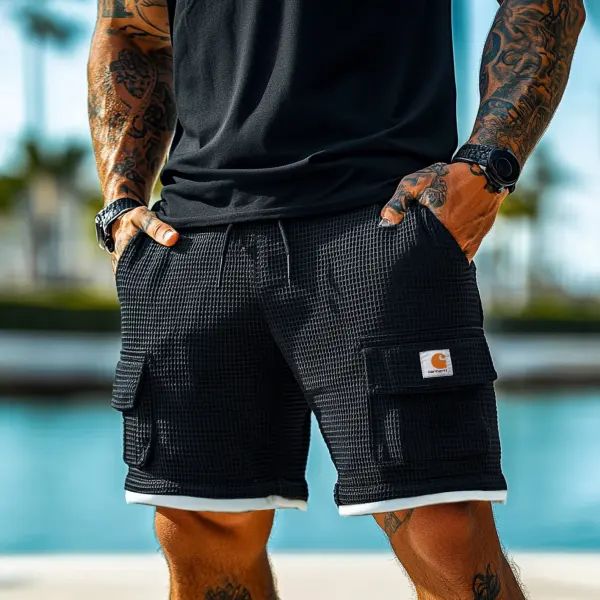 Men's Vintage Black Waffle Fabric Patchwork Knit Pockets Surf Elastic Drawstring Shorts - Ootdcowboys.com 