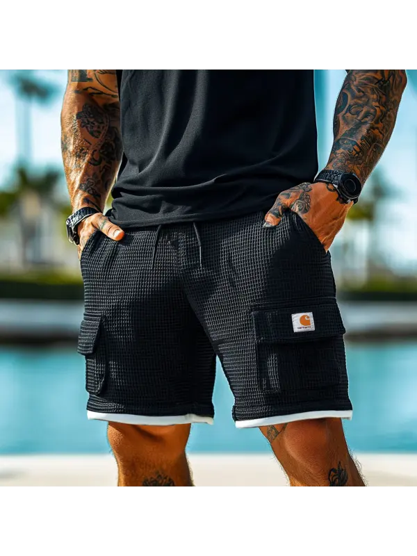Men's Vintage Black Waffle Fabric Patchwork Knit Pockets Surf Elastic Drawstring Shorts - Ootdmw.com 