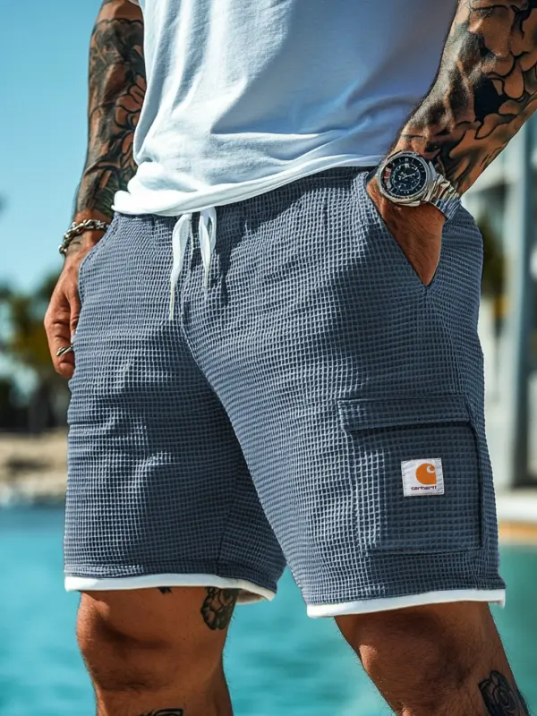 Carhartt Men's Shorts Gray Blue Waffle Patchwork Knit Surf Shorts - Menbarn.com 