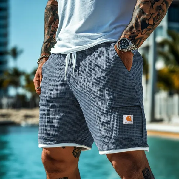 Men's Vintage Gray Blue Waffle Fabric Patchwork Knit Pockets Surf Elastic Drawstring Shorts - Ootdcowboys.com 
