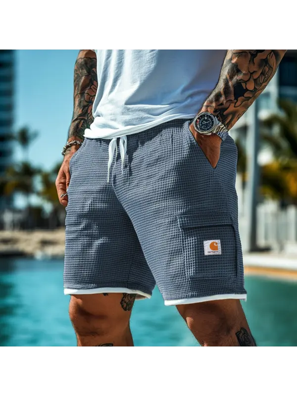 Men's Vintage Gray Blue Waffle Fabric Patchwork Knit Pockets Surf Elastic Drawstring Shorts - Ootdmw.com 