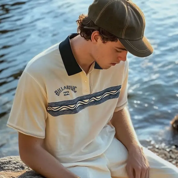 Unisex Holiday Surfing Logo Print Ethnic Style Wave Pattern Contrast Color POLO Shirt - Ootdyouth.com 
