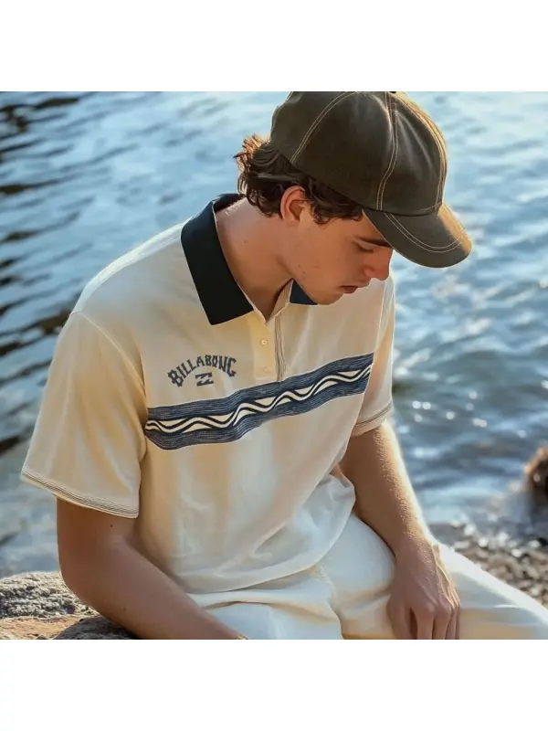 Unisex Holiday Surfing Logo Print Ethnic Style Wave Pattern Contrast Color POLO Shirt - Ootdmw.com 