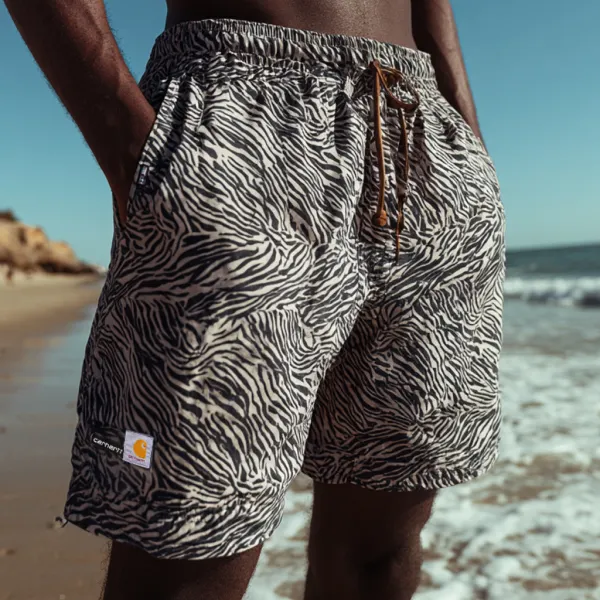 Men's Vintage Beach Casual Zebra Print Shorts - Ootdyouth.com 