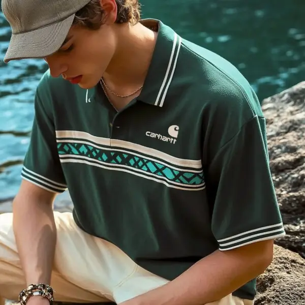 Unisex Holiday Surfing Logo Print Ethnic Style Wave Pattern Contrast Color POLO Shirt - Ootdyouth.com 
