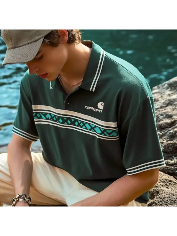 Unisex Holiday Surfing Logo Print Ethnic Style Wave Pattern Contrast Color POLO Shirt - Ootdmw.com 