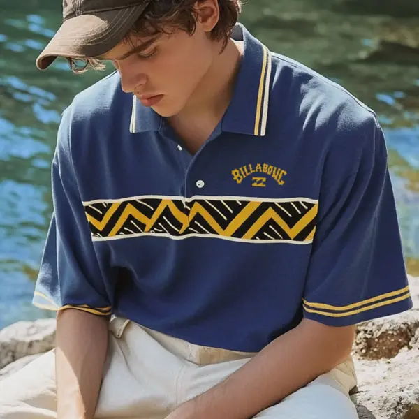 Unisex Holiday Surfing Logo Print Ethnic Style Wave Pattern Contrast Color POLO Shirt - Ootdyouth.com 