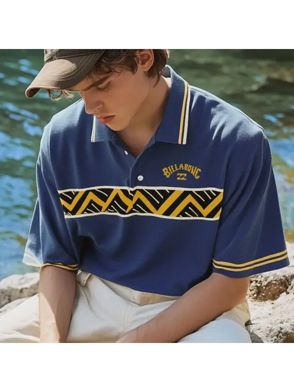 Unisex Holiday Surfing Logo Print Ethnic Style Wave Pattern Contrast Color POLO Shirt - Frontiercool.com 
