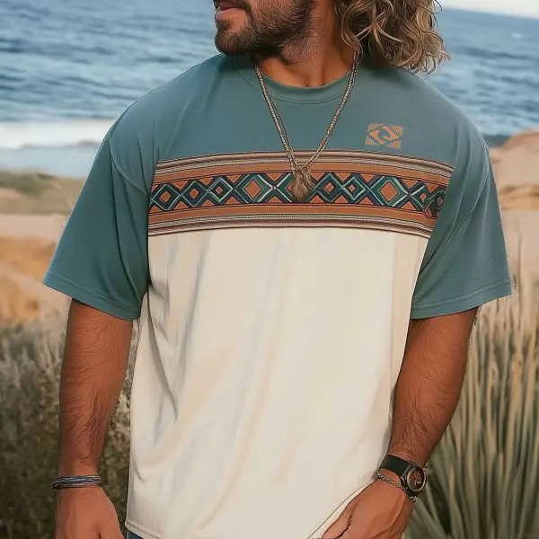 Unisex Vacation Surf Logo Print Ethnic Graphic Oversized Contrast Color T-Shirt - Ootdyouth.com 