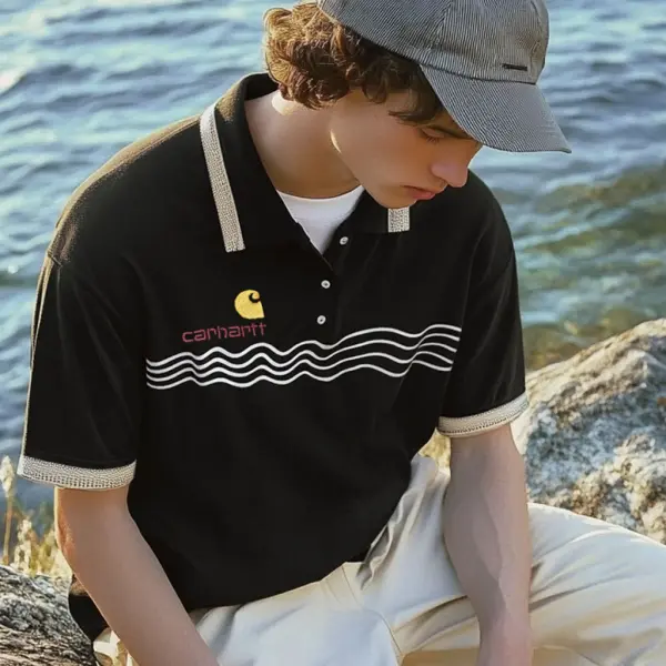 Unisex Holiday Surfing Logo Print Ethnic Style Wave Pattern Contrast Color POLO Shirt - Ootdyouth.com 