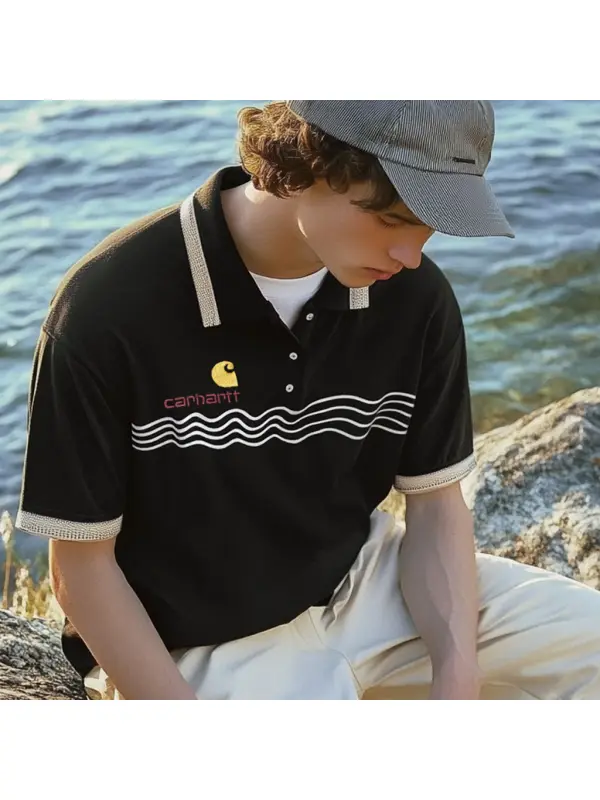 Unisex Holiday Surfing Logo Print Ethnic Style Wave Pattern Contrast Color POLO Shirt - Ootdmw.com 
