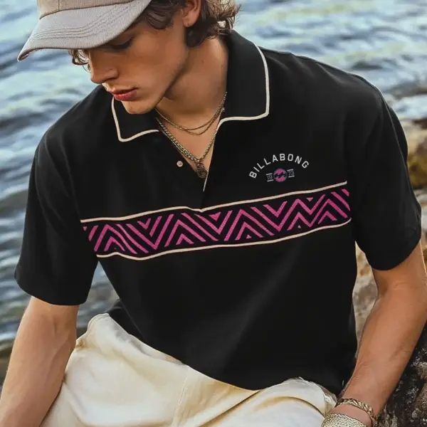 Unisex Holiday Surfing Logo Print Ethnic Style Wave Pattern Contrast Color POLO Shirt - Spiretime.com 