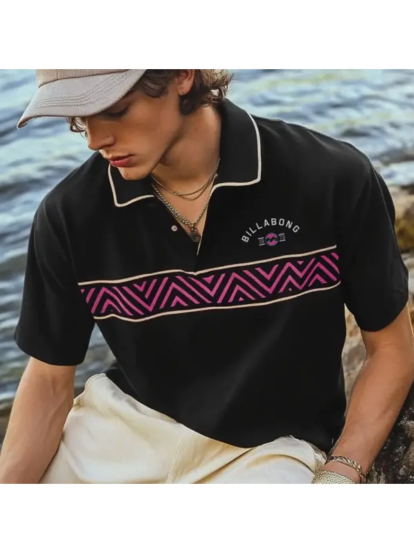 Unisex Holiday Surfing Logo Print Ethnic Style Wave Pattern Contrast Color POLO Shirt - Ootdmw.com 