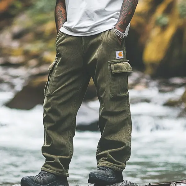 Men's Vintage Shallow Sea Green Corduroy Cargo Pants With Multi-Pockets For Outdoor Adventures - Ootdyouth.com 