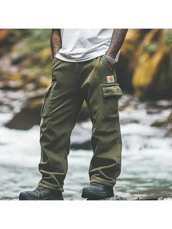 Men's Vintage Shallow Sea Green Corduroy Cargo Pants With Multi-Pockets For Outdoor Adventures - Ootdmw.com 