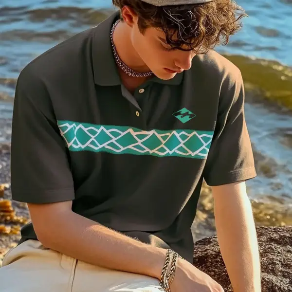 Unisex Holiday Surfing Logo Print Ethnic Style Wave Pattern Contrast Color POLO Shirt - Ootdyouth.com 