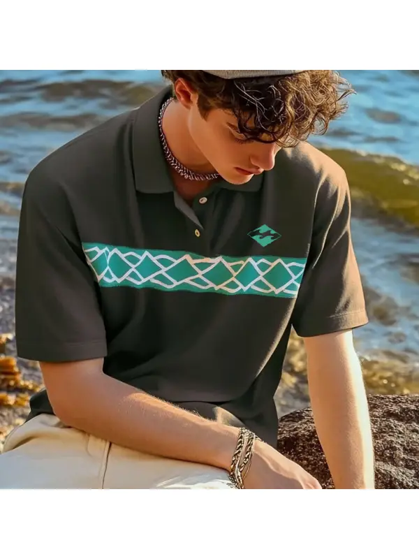 Unisex Holiday Surfing Logo Print Ethnic Style Wave Pattern Contrast Color POLO Shirt - Ootdmw.com 