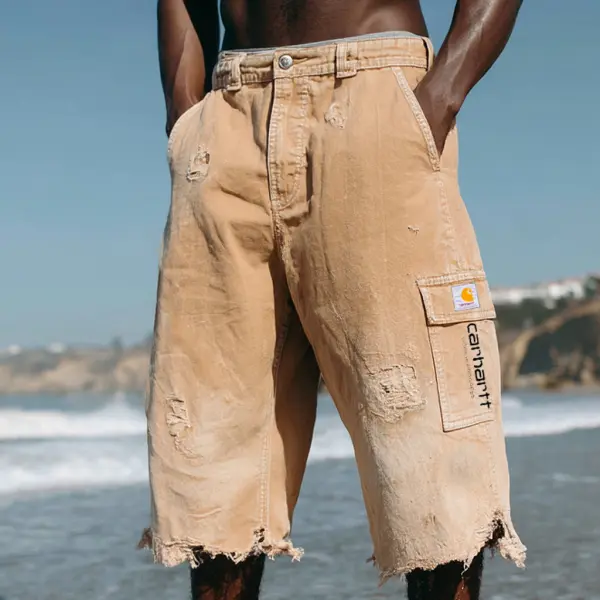 Men's Vintage Distressed Khaki Beach Casual Work Shorts - Ootdyouth.com 