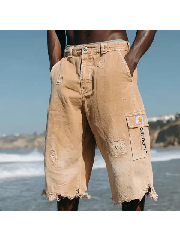Men's Vintage Distressed Khaki Beach Casual Work Shorts - Ootdmw.com 
