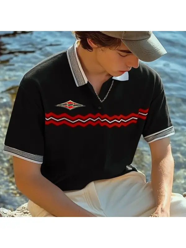 Unisex Holiday Surfing Logo Print Ethnic Style Wave Pattern Contrast Color POLO Shirt - Ootdmw.com 