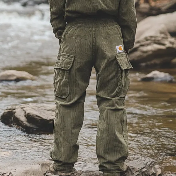Men's Vintage Army Green Corduroy Cargo Pants With Multi-Pockets For Outdoor Adventures - Ootdyouth.com 