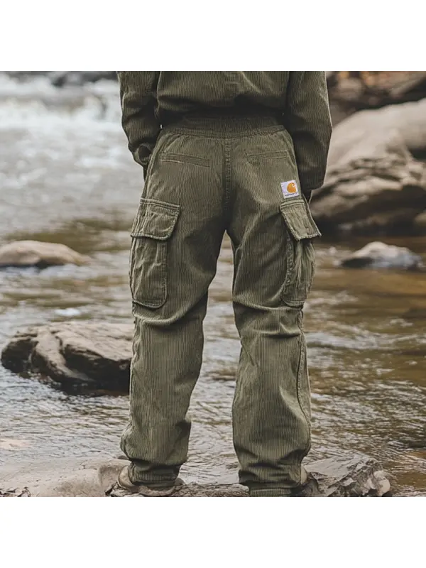 Men's Vintage Army Green Corduroy Cargo Pants With Multi-Pockets For Outdoor Adventures - Ootdmw.com 