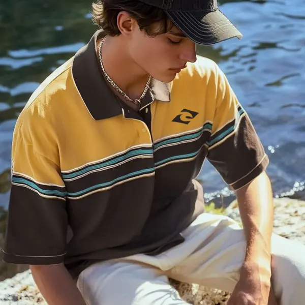 Unisex Holiday Surfing Logo Print Ethnic Style Wave Pattern Contrast Color POLO Shirt - Ootdyouth.com 