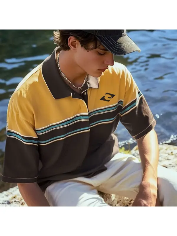 Unisex Holiday Surfing Logo Print Ethnic Style Wave Pattern Contrast Color POLO Shirt - Frontiercool.com 