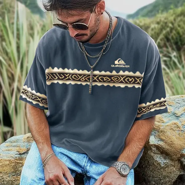 Unisex Vacation Surf Logo Print Ethnic Graphic Oversized Contrast Color T-Shirt - Rabclub.com 
