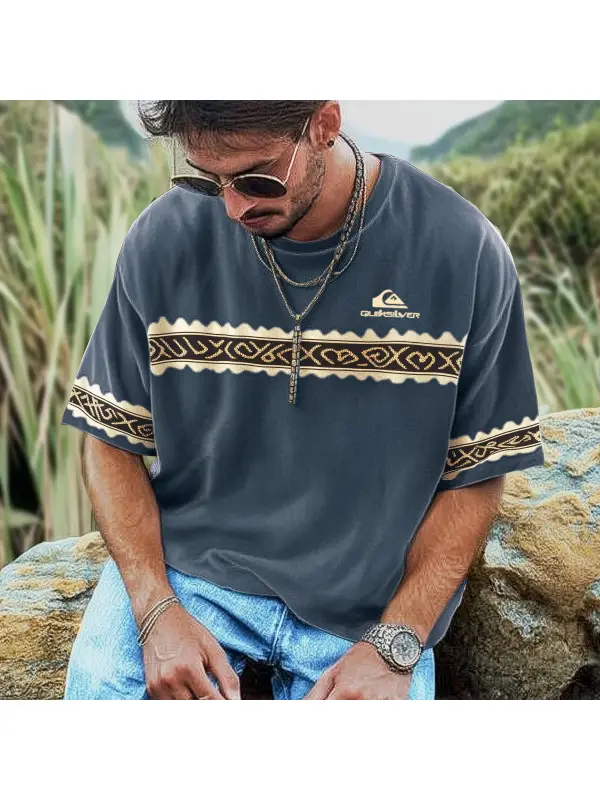 Unisex Vacation Surf Logo Print Ethnic Graphic Oversized Contrast Color T-Shirt - Aptkoi.com 
