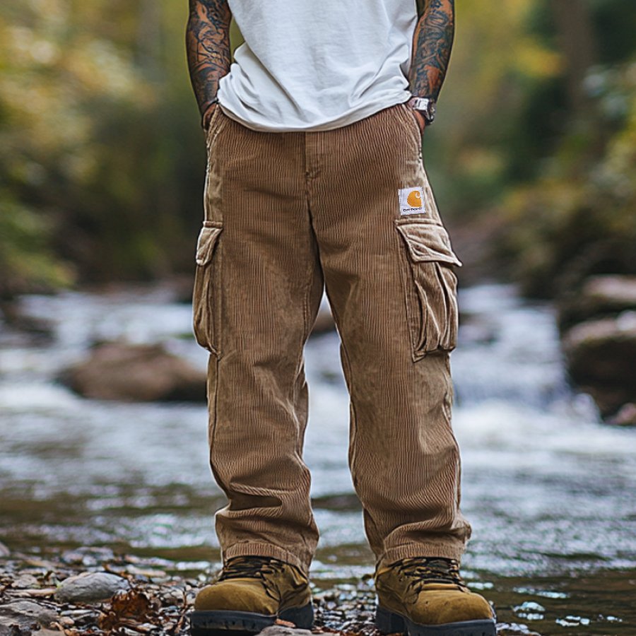 

Men's Vintage Khaki Corduroy Oversize Cargo Pants For Outdoor Adventures