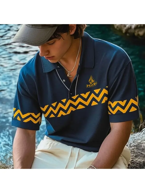 Unisex Holiday Surfing Logo Print Ethnic Style Wave Pattern Contrast Color POLO Shirt - Ootdmw.com 