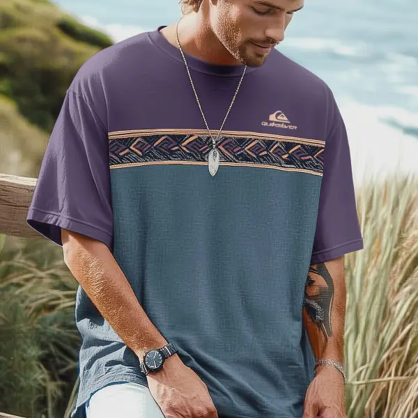 Unisex Vacation Surf Logo Print Ethnic Graphic Oversized Contrast Color T-Shirt - Rabclub.com 