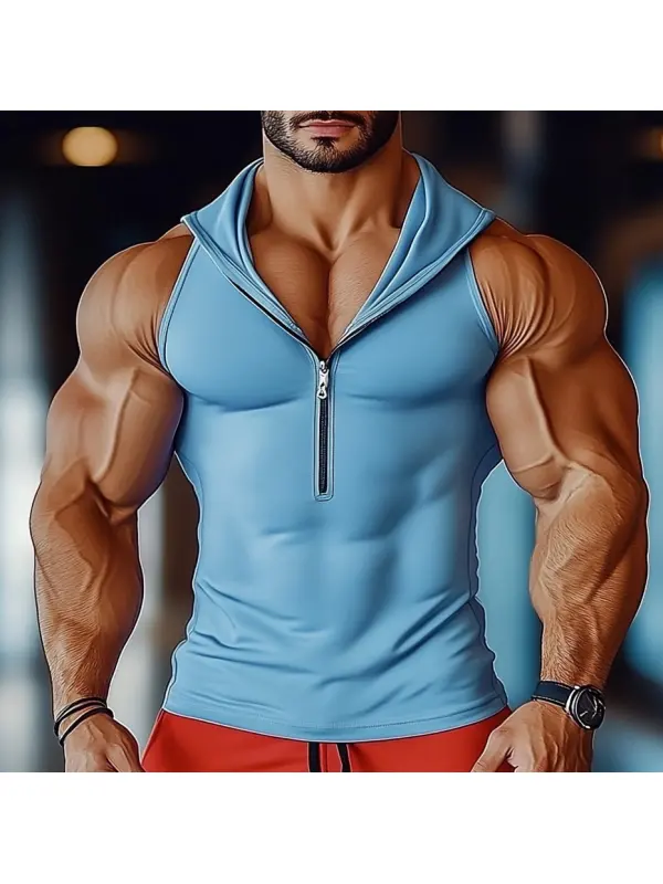 Men's Muscle-Fit Zip-Up Tank Top For Fitness Enthusiasts - Ootdmw.com 