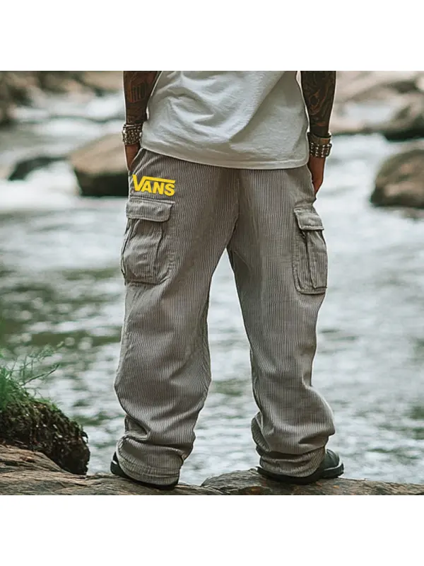 Men's Vintage Khaki Corduroy Oversize Cargo Pants With Multi-Pockets For Outdoor Adventures - Ootdmw.com 