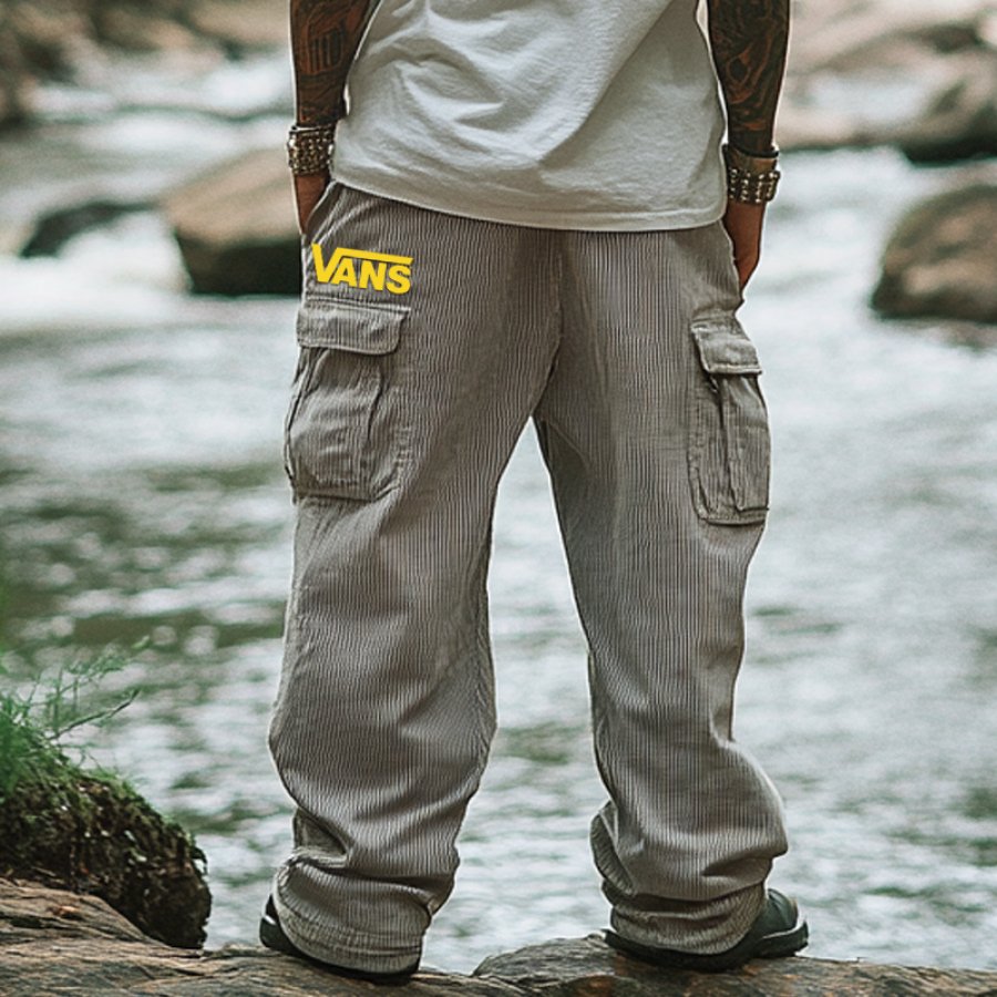 

Men's Vintage Light Gray Corduroy Oversize Cargo Pants With Multi-Pockets For Outdoor Adventures