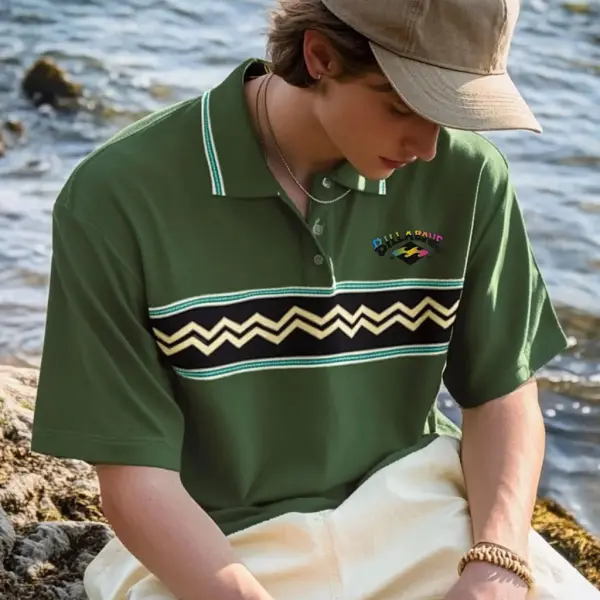 Unisex Holiday Surfing Logo Print Ethnic Style Wave Pattern Contrast Color POLO Shirt - Ootdyouth.com 