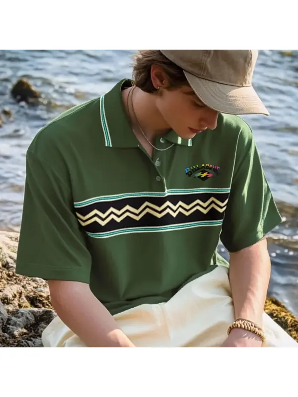 Unisex Holiday Surfing Logo Print Ethnic Style Wave Pattern Contrast Color POLO Shirt - Ootdmw.com 