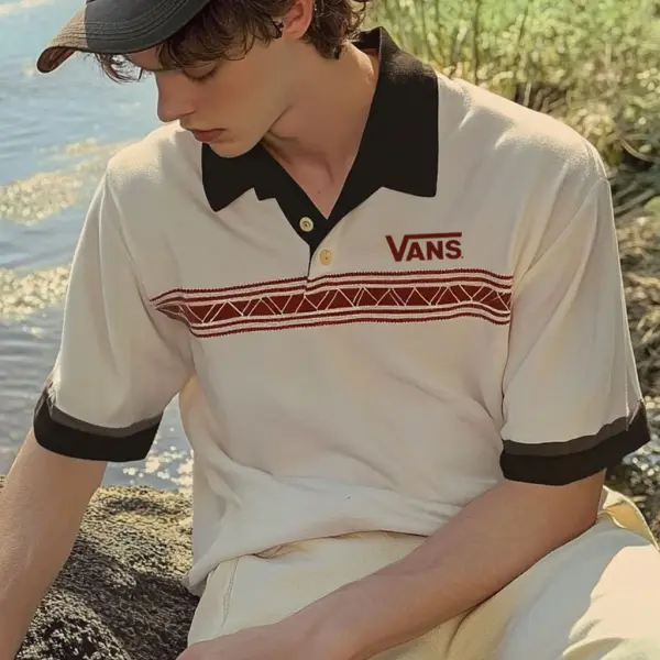 Unisex Holiday Surfing Logo Print Ethnic Style Wave Pattern Contrast Color POLO Shirt - Spiretime.com 