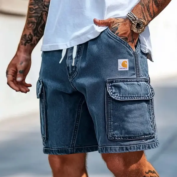 Men's Cargo Shorts Vintage Denim Washed Distressed Multi-Pocket Casual Surf Blue Walkshort - Ootdcowboys.com 